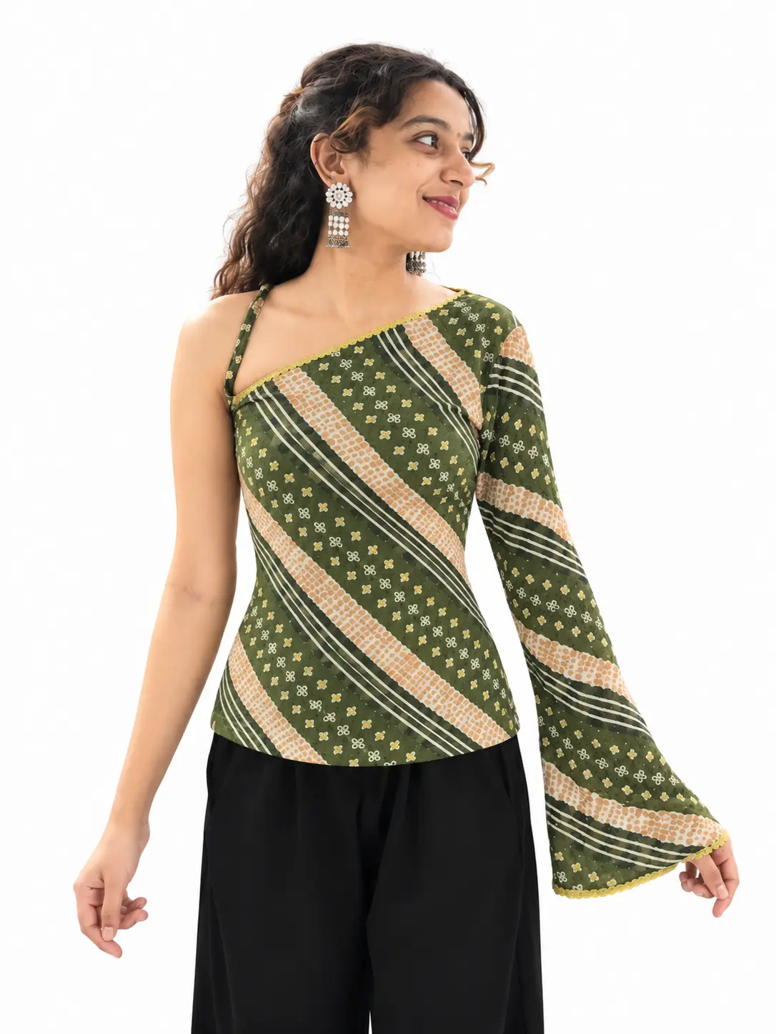 Evorece Women's Olive Green One Shoulder Printed Top with Bell Sleeve