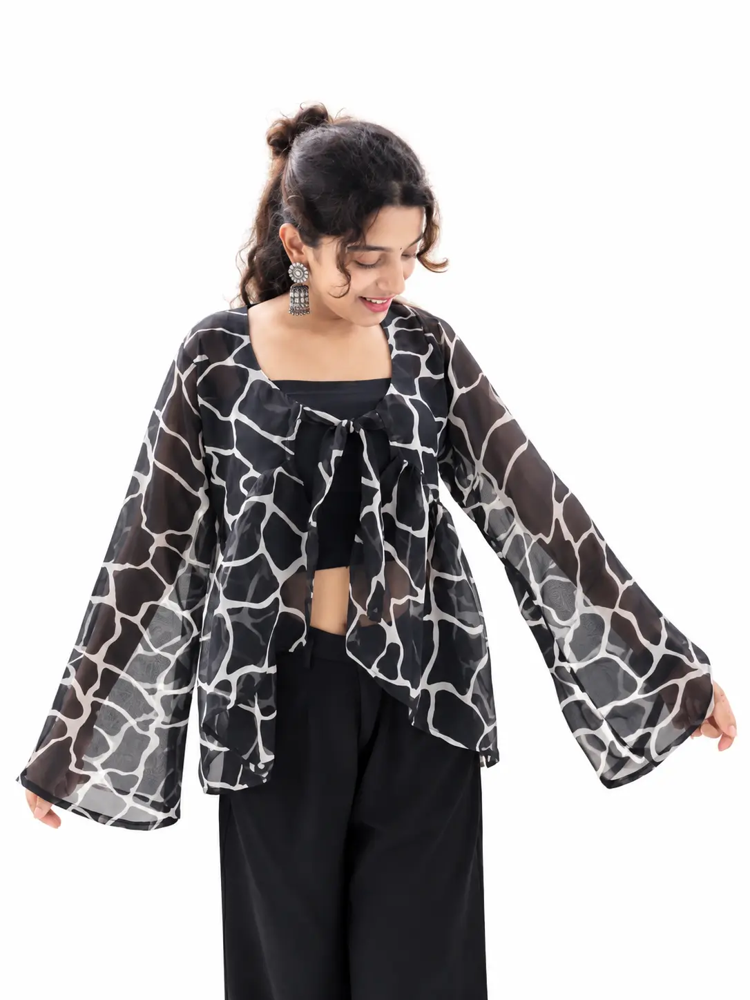 Evorece Women's Black & White Printed Sheer Shrug Top with Bell Sleeves