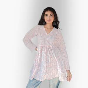 Printed White Flared Short Kurti